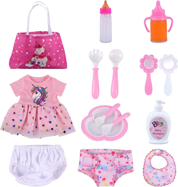 BABESIDE 13 Pcs Baby Doll Clothes - Accessories for 17-20 Inch Dolls, Feeding & Care Set with Clothes & Magic Bottle