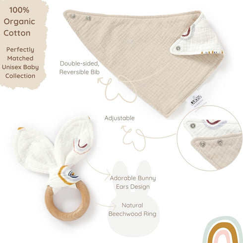 Set 4 Organic Cotton Baby Gift Piece Muslin Bunny Lovey Blanket + Teether Ring + Bandana Bib + Announcement Card |