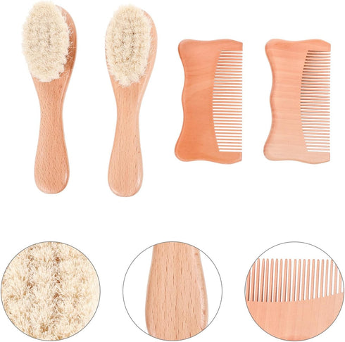 Set 4pcs TOYANDONA Wooden Comb and Woolen Scalp Brush Grooming Kit for Newborns Head Care with Beech Wood Handles