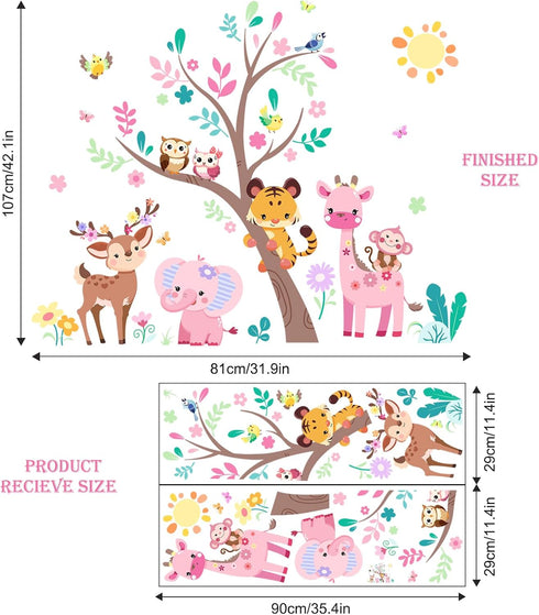 Supzone Jungle Animals Tree Wall Decals Pink Elephant Giraffe Wall Stickers for Kids Girls Bedroom Living Room Baby