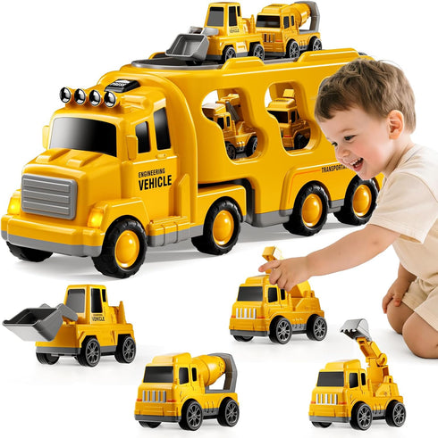 2 3 4 5 5-in-1 2-4 Pushdozer Construction Trucks Toys for Years Old Boys - Carrier Transport Vehicle Truck for Toddlers