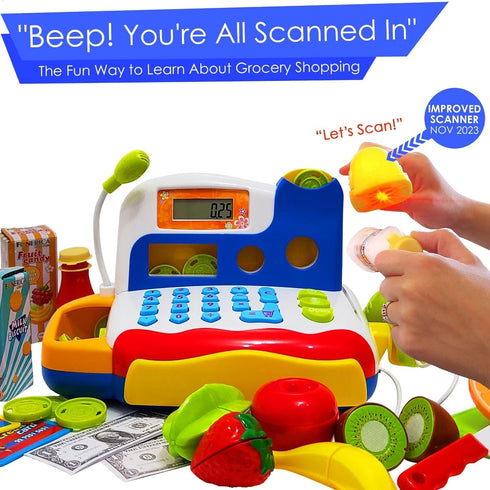FUNERICA Toy Cash Register with Scanner, Microphone, Interactive Calculator, Grocery Food, Pretend Play Money