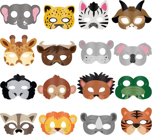 Blulu 16 Pcs Safari Animal Masks for Kids, Jungle Zoo Animals Cartoon Masks for Birthday Party Decorations