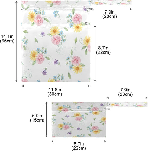 Burbuja 2 Pack, 2 Flowers Wet Dry Bags for Baby Cloth Diaper Waterproof Reusable Wet Bag with Zippered Pockets