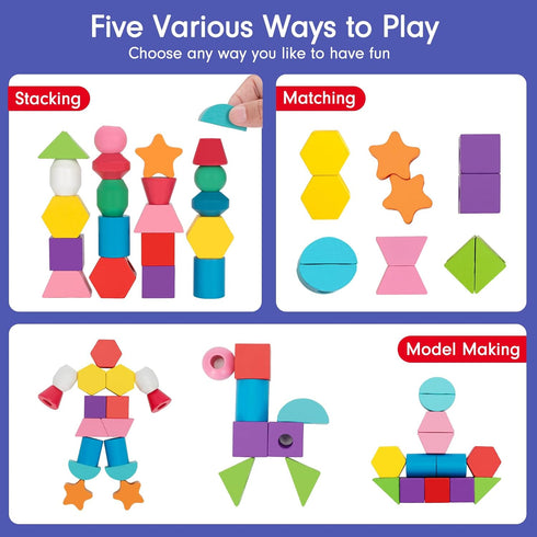 Montessori Wooden Lacing Beads Toys for 2-4 Year Olds, Sequencing & Stacking Block Toy with Storage Box