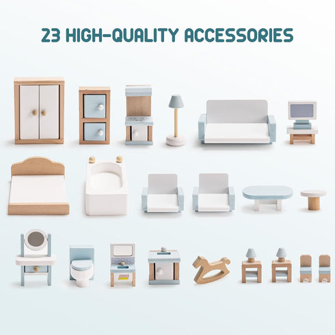 Set, 23 ROBOTIME Dollhouse Furniture, Wooden Doll House Furniture PCS Doll House Accessories and Furniture, Dollhouse