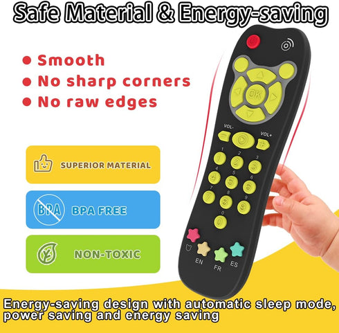 Baby TV Remote Toy - Realistic Play Remote Control for Toddlers with Light and Sound, English, French, Spanish.