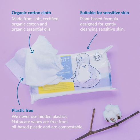 (1 Pack, 50 Natracare Organic Cotton Baby Wipes With Essential Oils of Chamomile, Apricot and Sweet Almond Oil Wipes