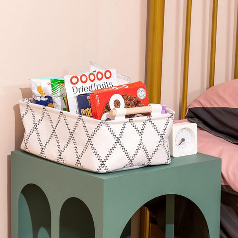Decorative Collapsible Rectangular Fabric Storage Bin Organizer Basket - 15.4x10.6x5.1 inch, White with Wooden Handles