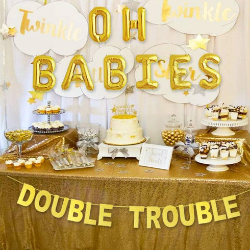 JOYMEMO Twins Baby Shower Decorations Set, Gold Theme, Double Trouble Banner, OH BABIES Balloons