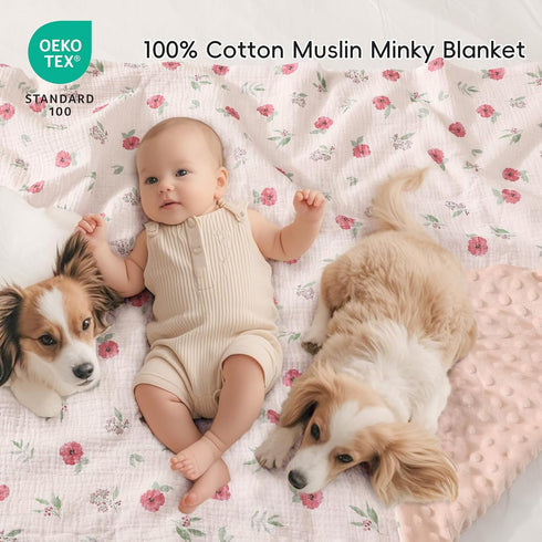 40x50 Inches, david's kids Muslin Minky Baby Blanket for Girls with Muslin Cotton Front and Dotted Fleece Backing