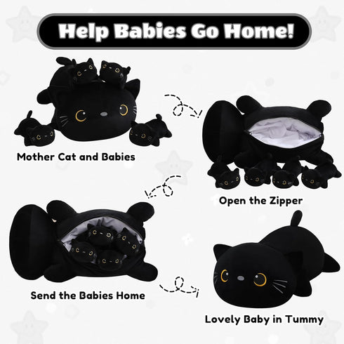 Mommy 4 Tummy, SQEQE Black Cat Stuffed Animal with Babies Cat in her Cute Black Cat Plush Toys for Kids, Gifts Ideal