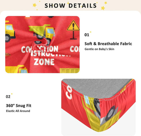 CZXW 52" 28" Construction Zone Vehicles Crib Sheets Fitted x Natural Cotton Soft & Breathable for Baby Crib Mattress