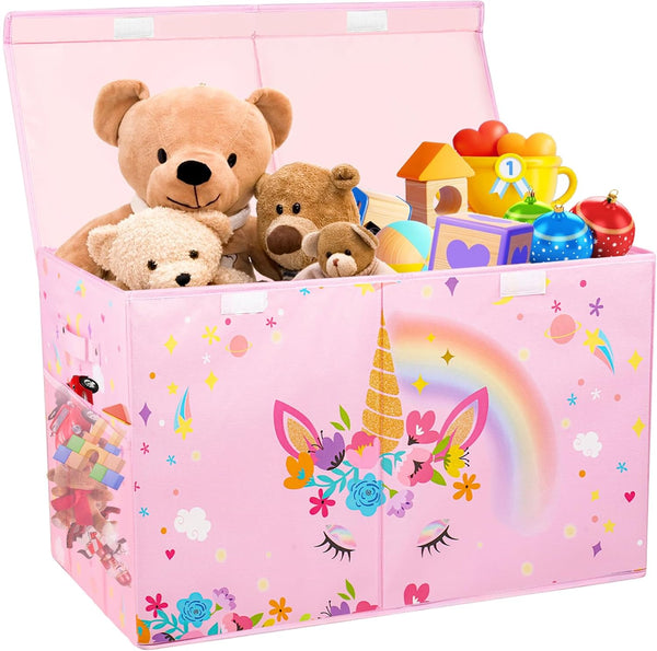 Large Toy Box Chest - Collapsible Sturdy Organizer for Kids, 25"x13"x16" Pink Toy Storage Bins with Lids