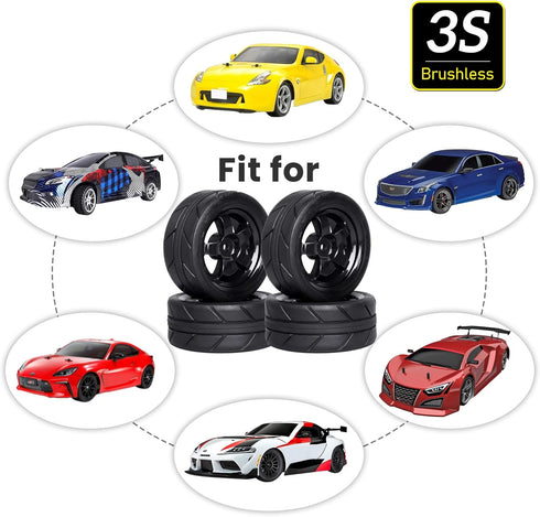 Pre-Glued 12mm Hex Wheels Rims and Rubber Tires, OD 2.55" for Traxxas Tamiya HPI HSP Redcat RC 1/10 On Road Racing Car,