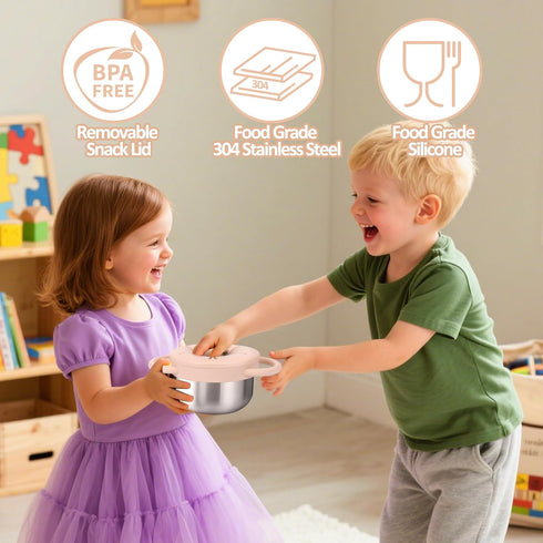 2 Pack 9 OZ BUSOHA Stainless Steel Toddler Snack Cups - Spill-Proof Baby Snack Containers with Silicone Catcher and Lid