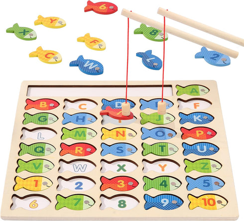 Wooden Magnetic Fishing Game for Toddlers - Montessori Fine Motor Skills Toy with Letters and Numbers