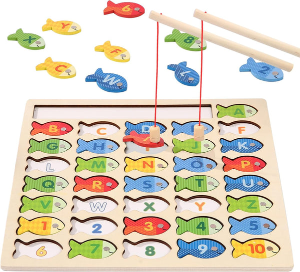 Wooden Magnetic Fishing Game for Toddlers - Montessori Fine Motor Skills Toy with Letters and Numbers