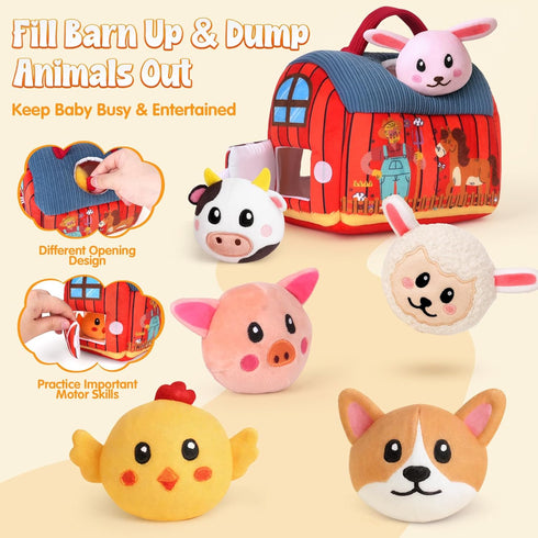 6-12 6 Baby Toys Months - Soft Barn with Stuffed Farm Animals Toy, Montessori Toys for Months Infant Boys Girls Sensory