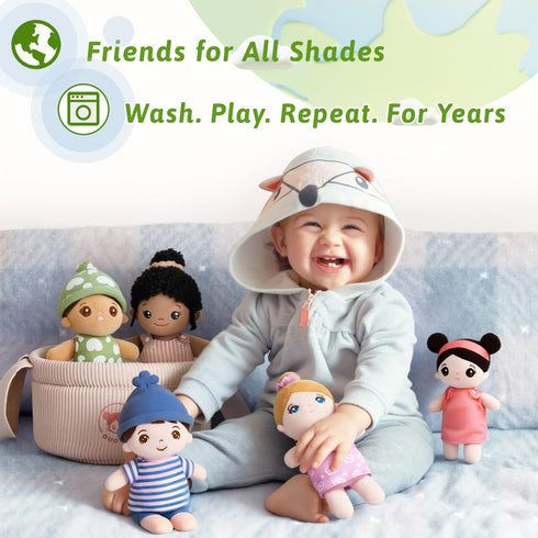 OUOZZZ Set 5 8.8 Soft Baby Dolls of Multicultural Plush Dolls in Basket | Diversity Ethnic Snuggle Toys for Toddlers