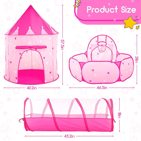PigPigPen 3pc Kids Play Tent - Princess Tents with Ball Pit, Crawl Tunnel for Toddlers, Indoor & Outdoor Playhouse Toys