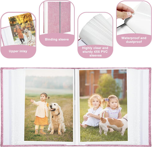 Photo Album 4x6, 100 Pockets, Linen Cover Top Loader Vertical, Slip-in Picture Pink Pockets for Wedding and Family