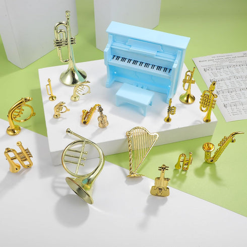 Vaguelly 16Pcs Miniature Musical Instruments + 1Pc Piano Model - Dollhouse Decor Tiny Instruments Accessories