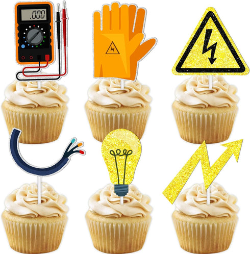 18pcs Gold Glitter Tools, Dessert Cupcake Topper Power Electrician Lineman Theme Decor for Birthday Party