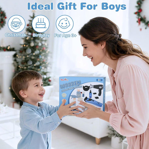Set, Barber Shop Pretend Play Kids Shaving Kit Wooden Hair Salon Toys for Boys with Wearable Beard, Electric Shaver
