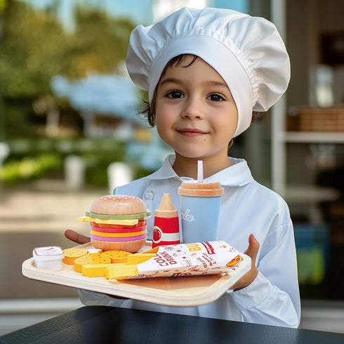 Set Playset WOODENFUN Pretend Play Food for Kids,Wooden Fast Food with Tray Hamburger Cola Fries Combo,Play Kitchen