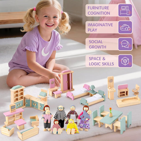 35 Set 8 1:12 Sumind Pcs Wooden Dollhouse Furniture with Family Figures, Scale Miniature Dolls House Accessories