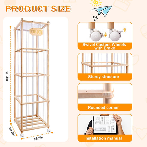 GRETJOB 70x16.5x16.5 Inch 220+ Extra Large Stuffed Animal Storage Organizer with Wheels & Mesh Pockets - Wooden Corner