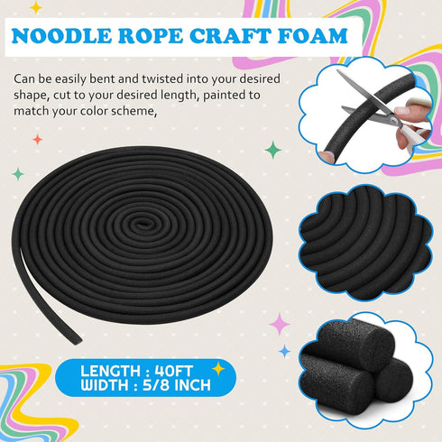 5/8 Inch x 40ft Noodle Rope Craft Foam Noodles, Versatile Foam Rod for DIY Arts and Crafts Supplies (Black)