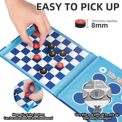 2 in 1 Travel Checkers Sets, Magnetic Foam Pieces Board Game for Kids and Family (Checkers & Tic-Tac-Toe)