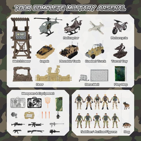 Playset Army Toys, Kids Military Battle with Army Men Action Figures, Army Vehicles, Tank, Truck, Boat, Motorcycle
