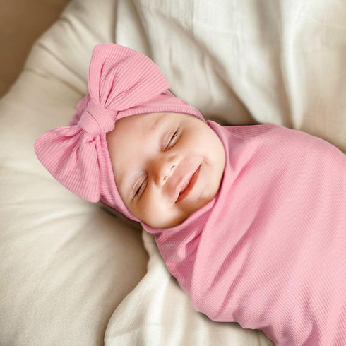 Set Set DRESHOW BQUBO Baby Girl Newborn Receiving Blankets with Bow Hat Headband Wooden Birth Announcement Card Newborn