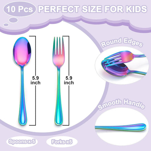 E-far 10-Piece Rainbow Toddler Utensils, Kid Stainless Steel Silverware Set, Children Safe Forks and Spoons Set for Self Feeding, Healthy & Non-Toxic, Mirror Polished & Easy to Clean by E-far