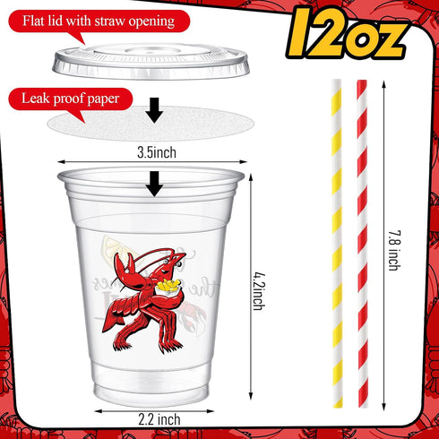 50 Pack 12oz Country Domensi Crawfish Boil Plastic Cups with Straws, Disposable Seafood Party Supplies for Lobster