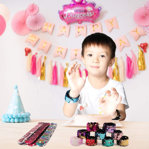 Childom 20 Pack Slap Bracelets - 2-Color Reversible Charm Bracelets with Sequins & Color Ball Head