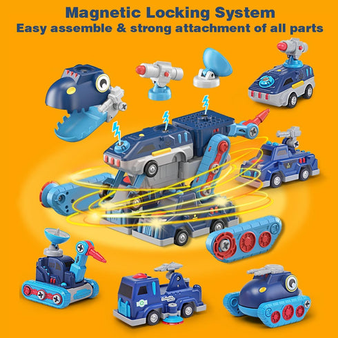 Take Apart Vehicle Magnetic Toy, 5-in-1 Tool Building Trucks Transform to Dinosaur Robot for Kids