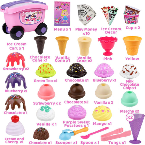Magic4U 48 Set 3 4 5 6 Ice Cream Cart Toys for Kids, Piece Ice Cream Shop Pretend Play with Scooper, Toppings and Other