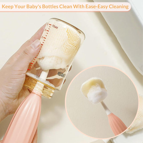 biqin Baby Bottle Brush Kit with Push-Press Bubble and Drying Rack for Bottle Cleaning, Bendable Bottle Cleaner Brush