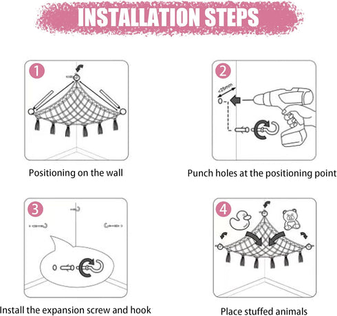 CERETIA Hammock Stuffed Animal with LED Light, Large Stuffed Animals Storage Corner Plushie Net for Kids Room Decor