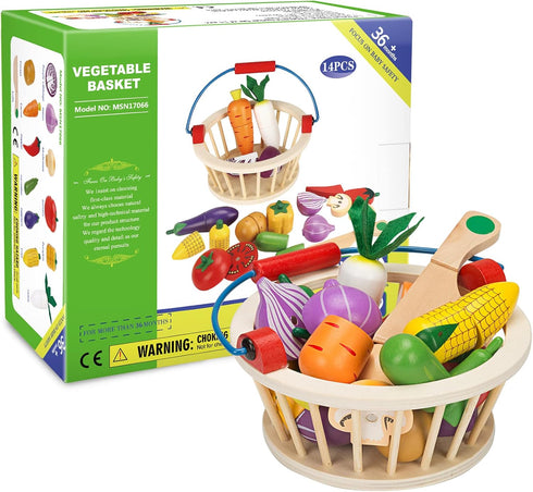 Victostar Magnetic Wooden Cutting Fruits and Vegetables Play Toy Set with Basket