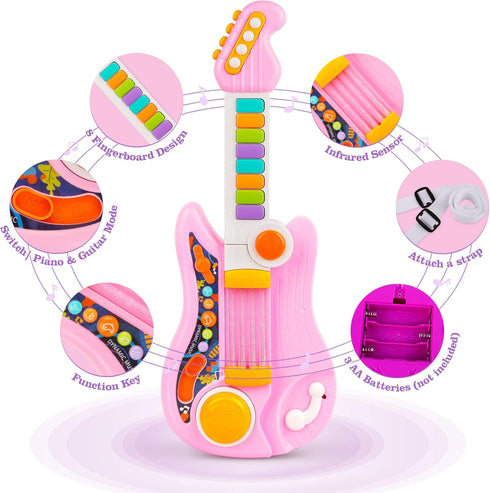 2-4 2+ Kids Guitar, Electric Toddler Baby Music Toys for Ages with Piano Mode Strap and Lights Child Musical