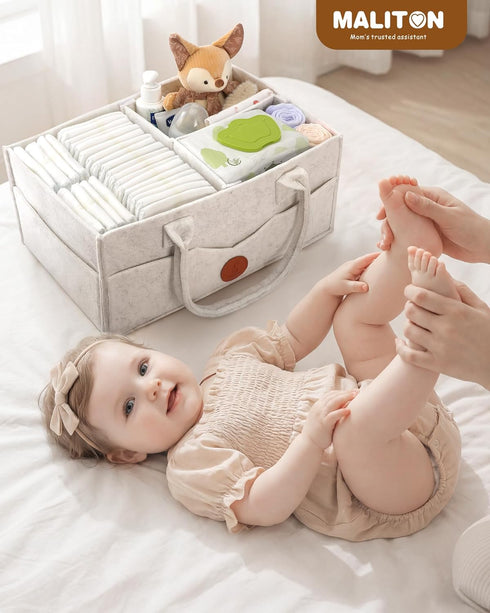 15" 9" 7" Maliton Baby Diaper Caddy, Nursery Storage Bin & Car Organizer with Handle, Large Felt Bag for Newborn