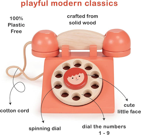 Communication 2+ Mentari Toys - Ring Ring Telephone - Solid Wood Retro Chorded Dial Phone for Toddlers - Pretend Play