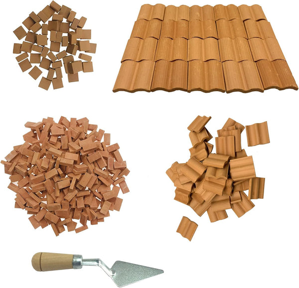 Cayway 150 PCS Mini Red Wall and Roof Tiles, Model Building with Tool Set for Dollhouse Diorama