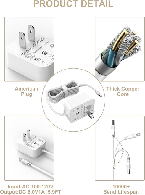 6V Power Cord for Vtech Baby Monitor, Compatible with DM221, DM223, DM251, Safe & Sound Audio Monitor