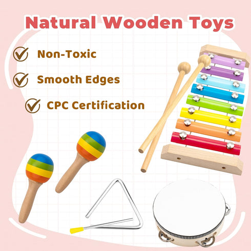 1 2 1-3, Set Montessori Toys for Year Old, Wooden Musical Instruments for Toddlers Educational Baby Drum with Xylophone